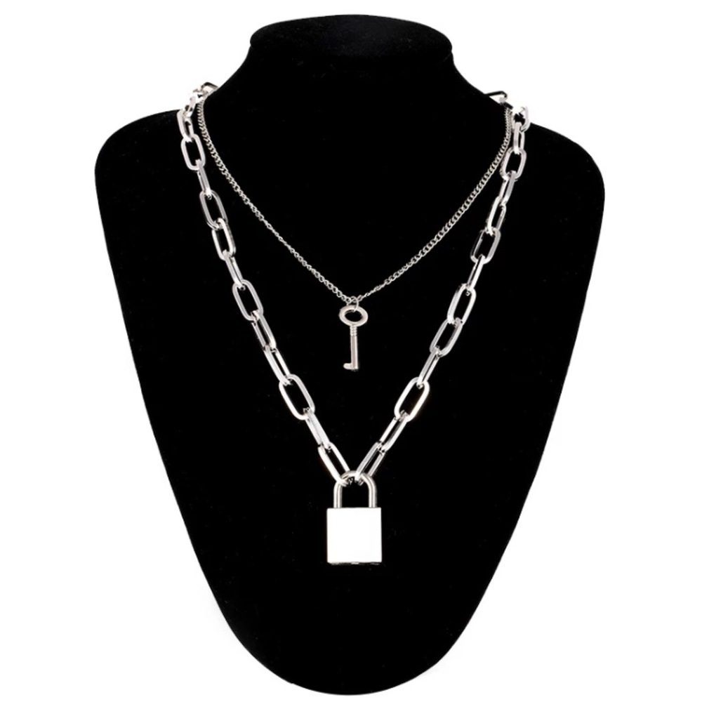 Silver Tone Lock Key Chunky Necklace - Picture 3 of 4